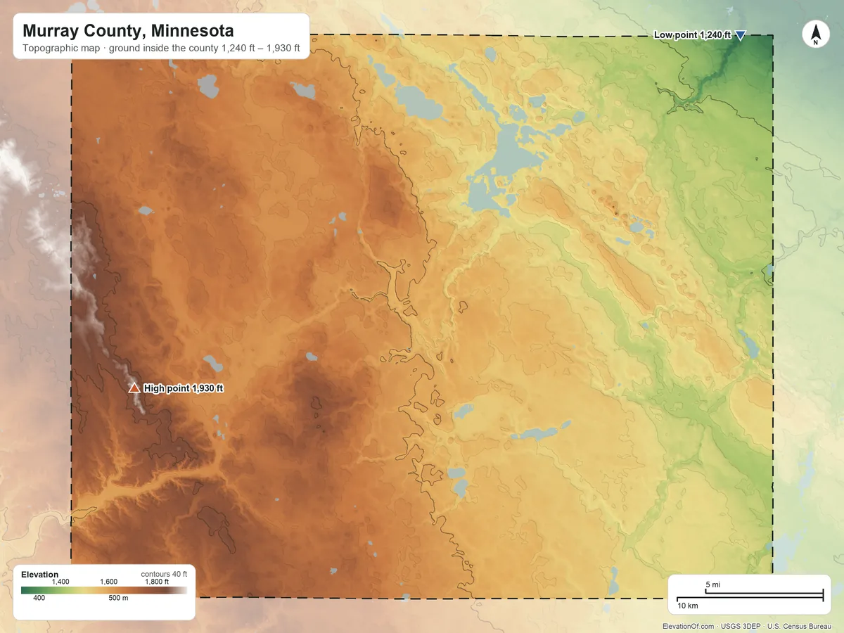 Topographic elevation map of Murray County, Minnesota, shaded from 1,240 ft on the northeast side to 1,930 ft on the west side