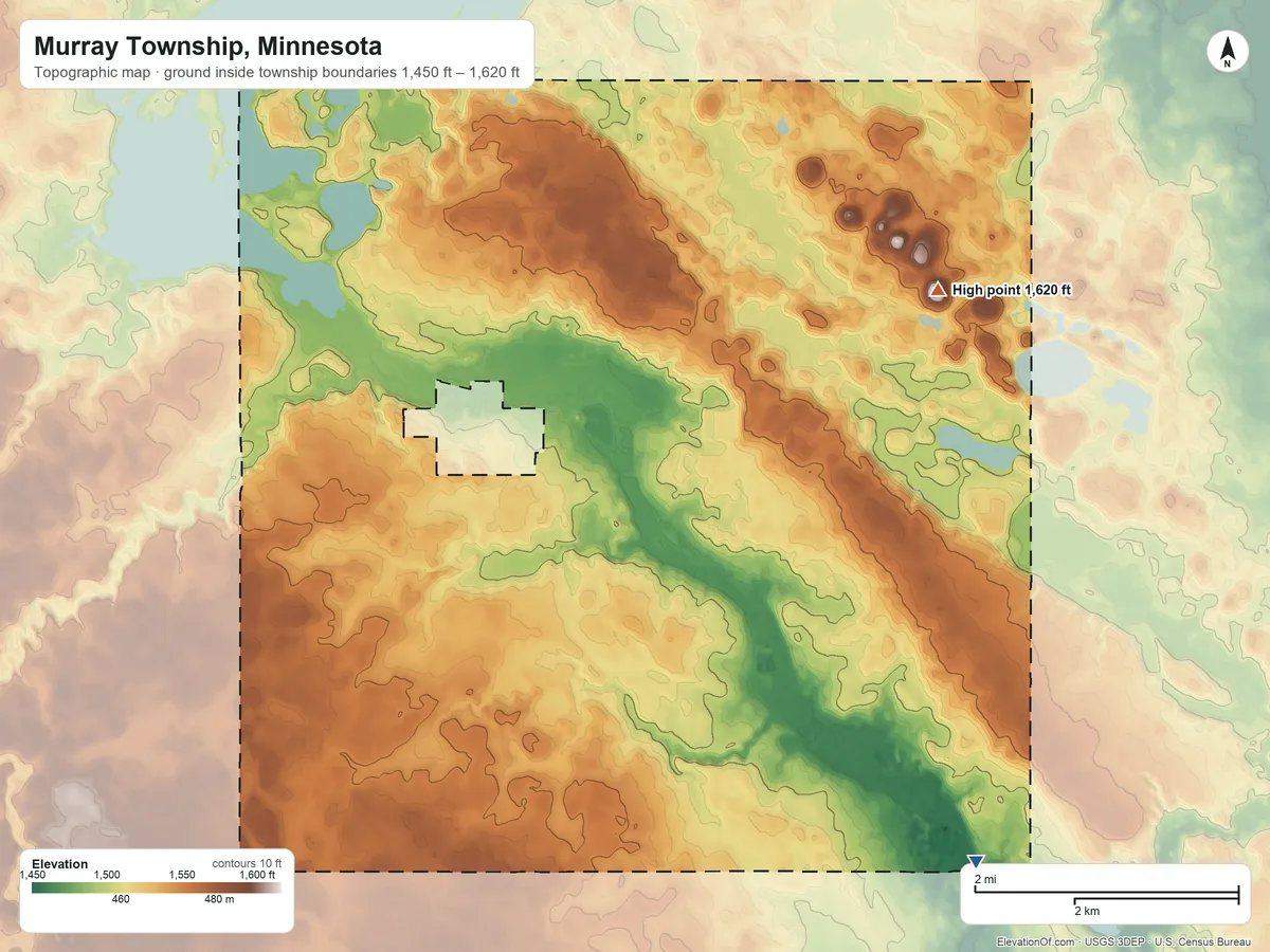 Topographic elevation map of Murray Township, Minnesota, shaded from 1,450 ft on the southeast side to 1,620 ft on the east side