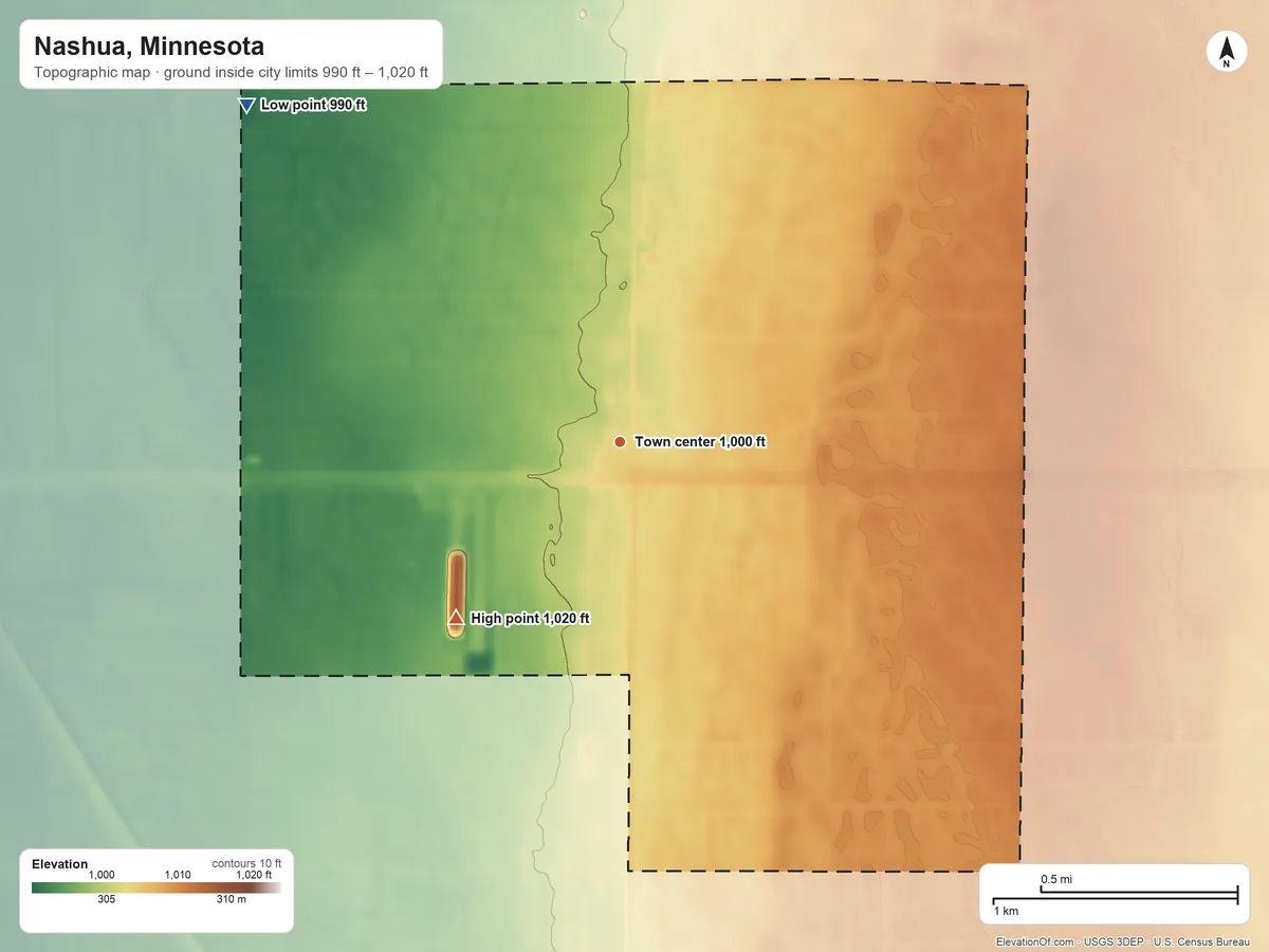 Topographic elevation map of Nashua, Minnesota, shaded from 990 ft on the northwest side to 1,020 ft on the southwest side