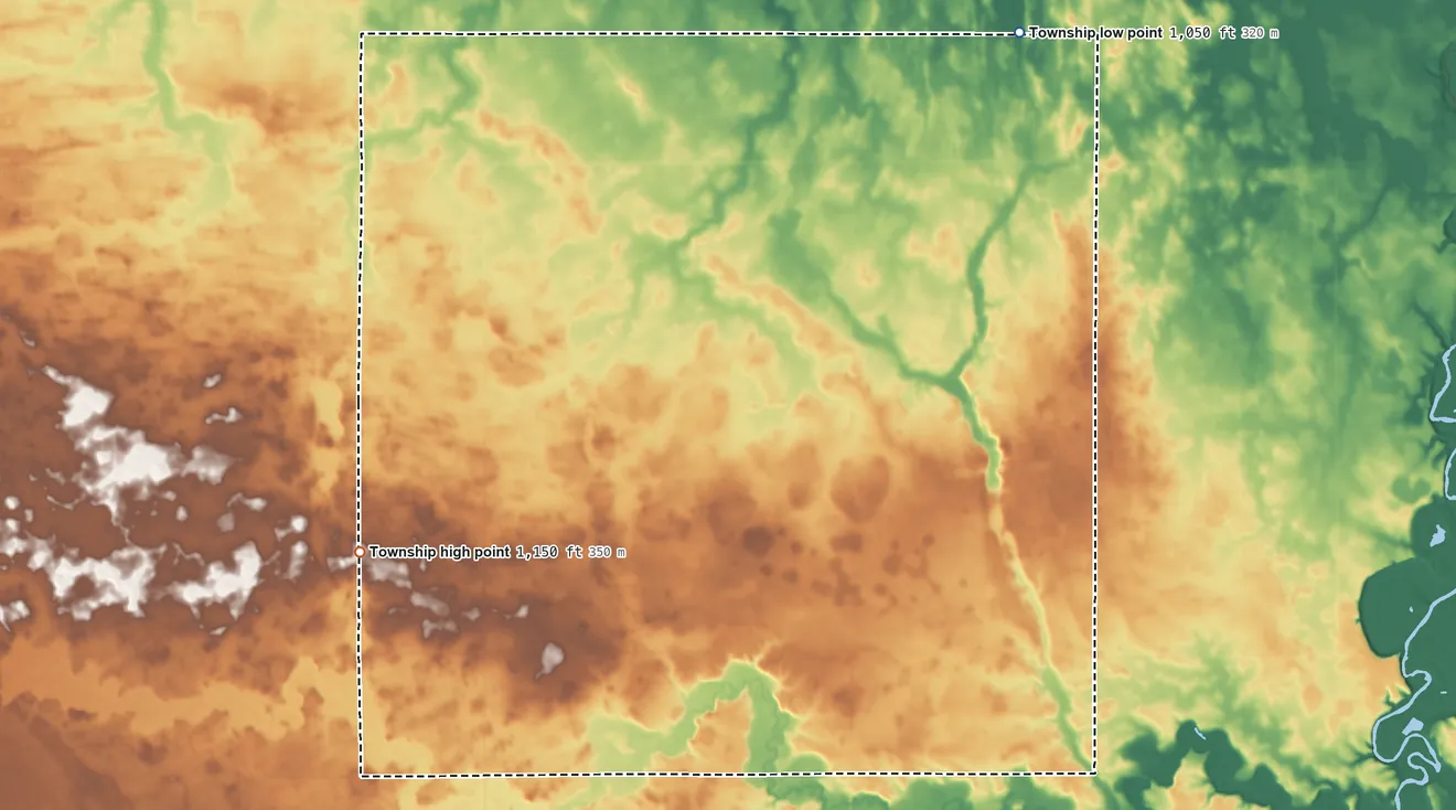 Topographic elevation map of Nashville Township, Minnesota, shaded from 1,050 ft on the northeast side to 1,150 ft on the west side