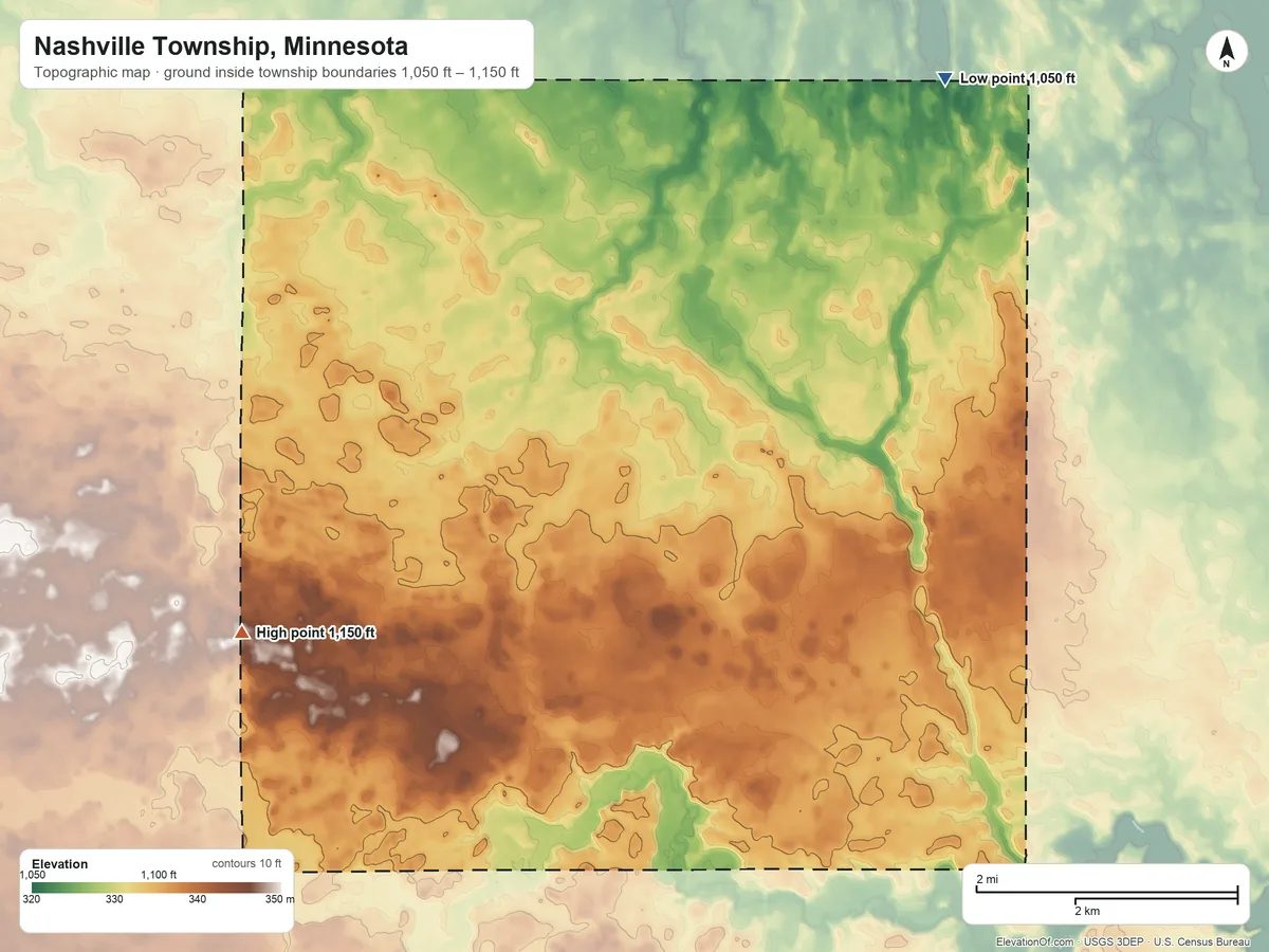 Topographic elevation map of Nashville Township, Minnesota, shaded from 1,050 ft on the northeast side to 1,150 ft on the west side