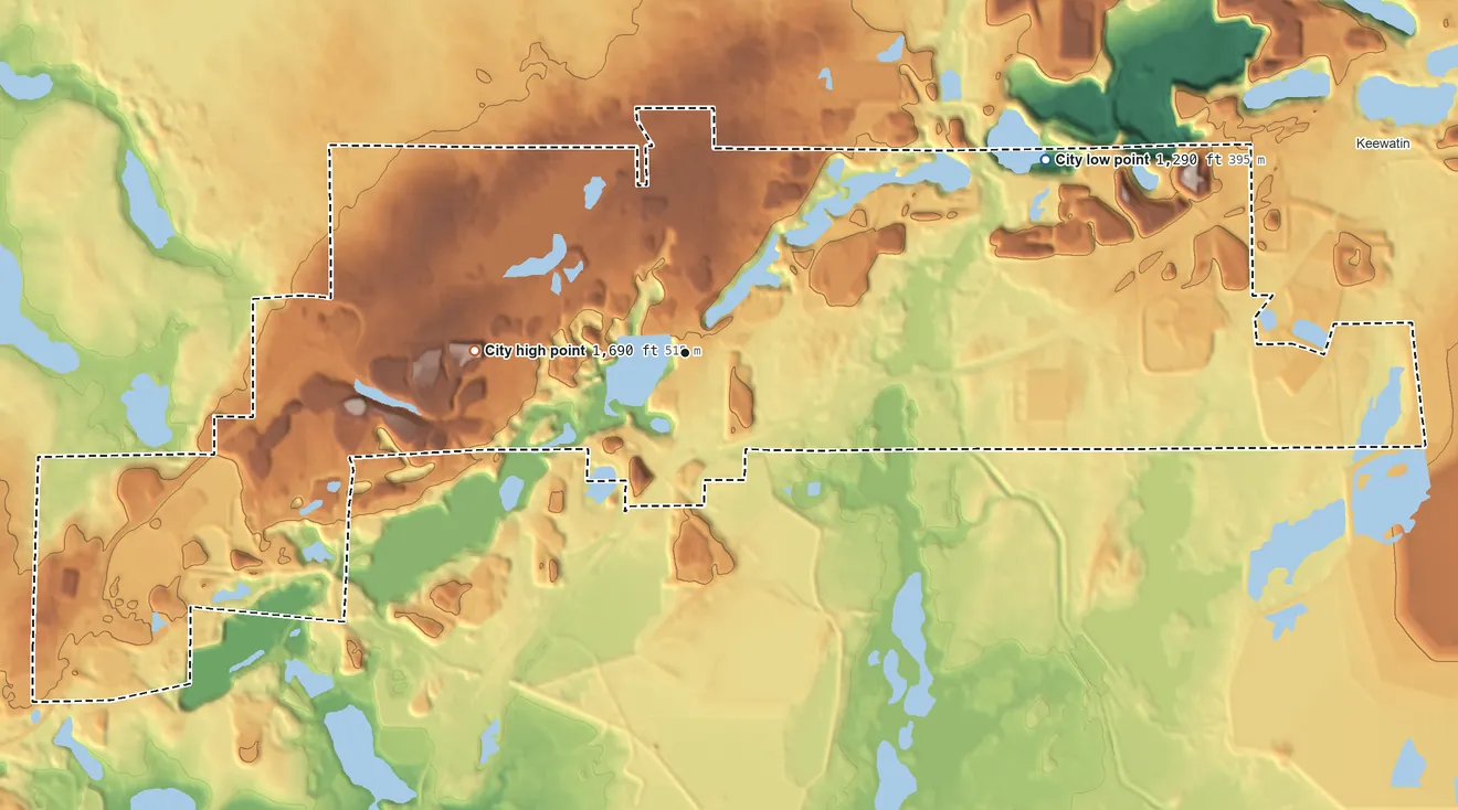 Topographic elevation map of Nashwauk, Minnesota, shaded from 1,290 ft on the northeast side to 1,690 ft on the west side