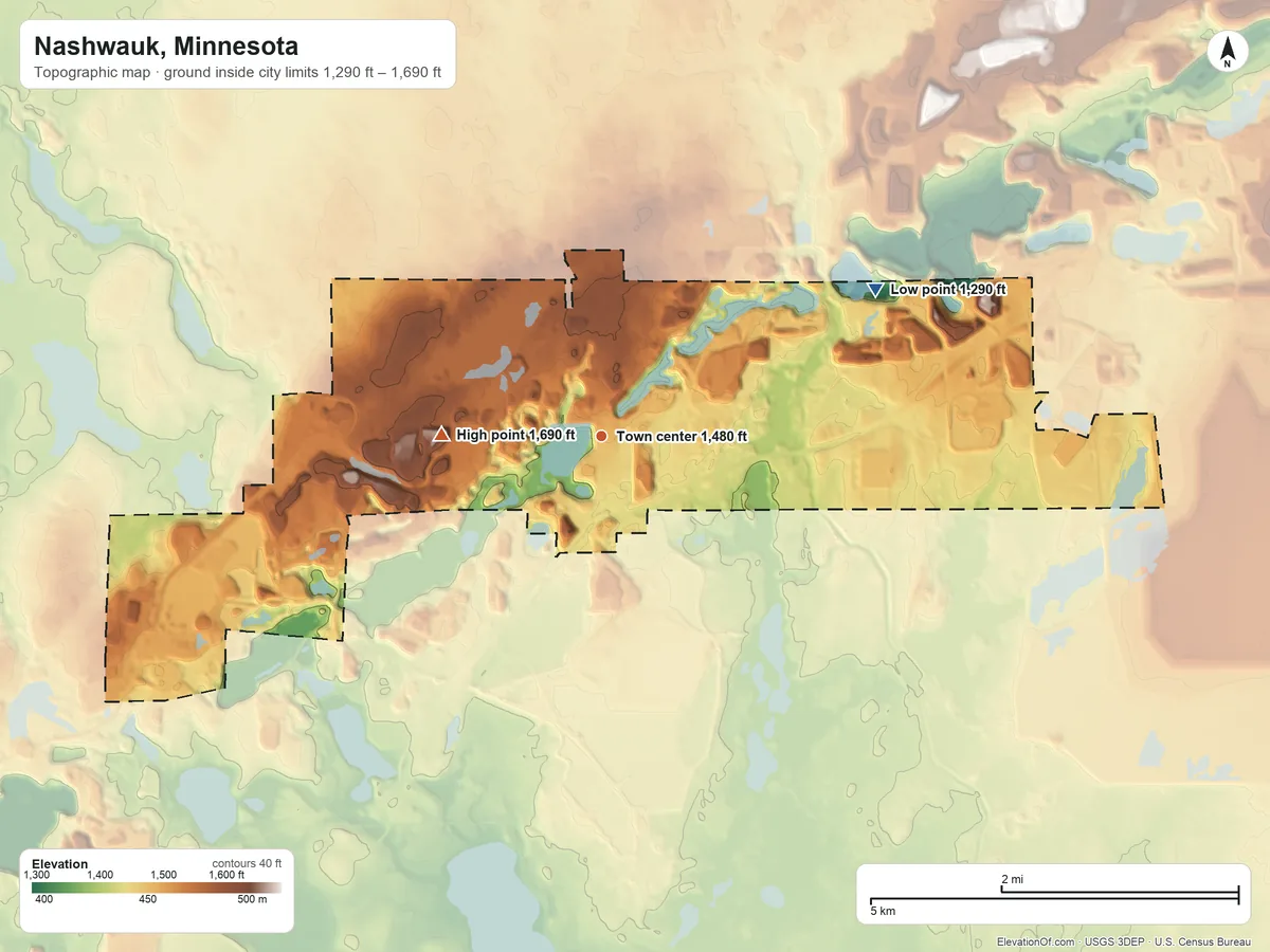 Topographic elevation map of Nashwauk, Minnesota, shaded from 1,290 ft on the northeast side to 1,690 ft on the west side