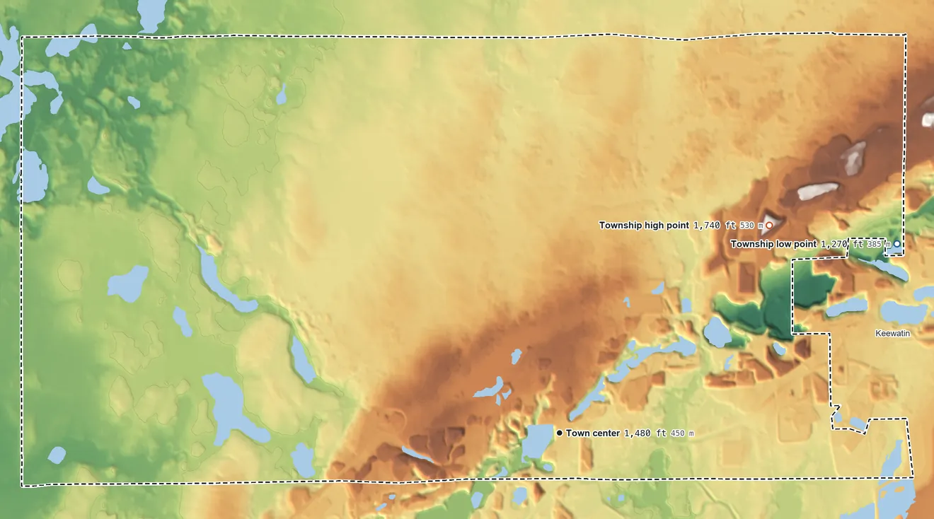 Topographic elevation map of Nashwauk Township, Minnesota, shaded from 1,270 ft on the northeast side to 1,740 ft on the northeast side