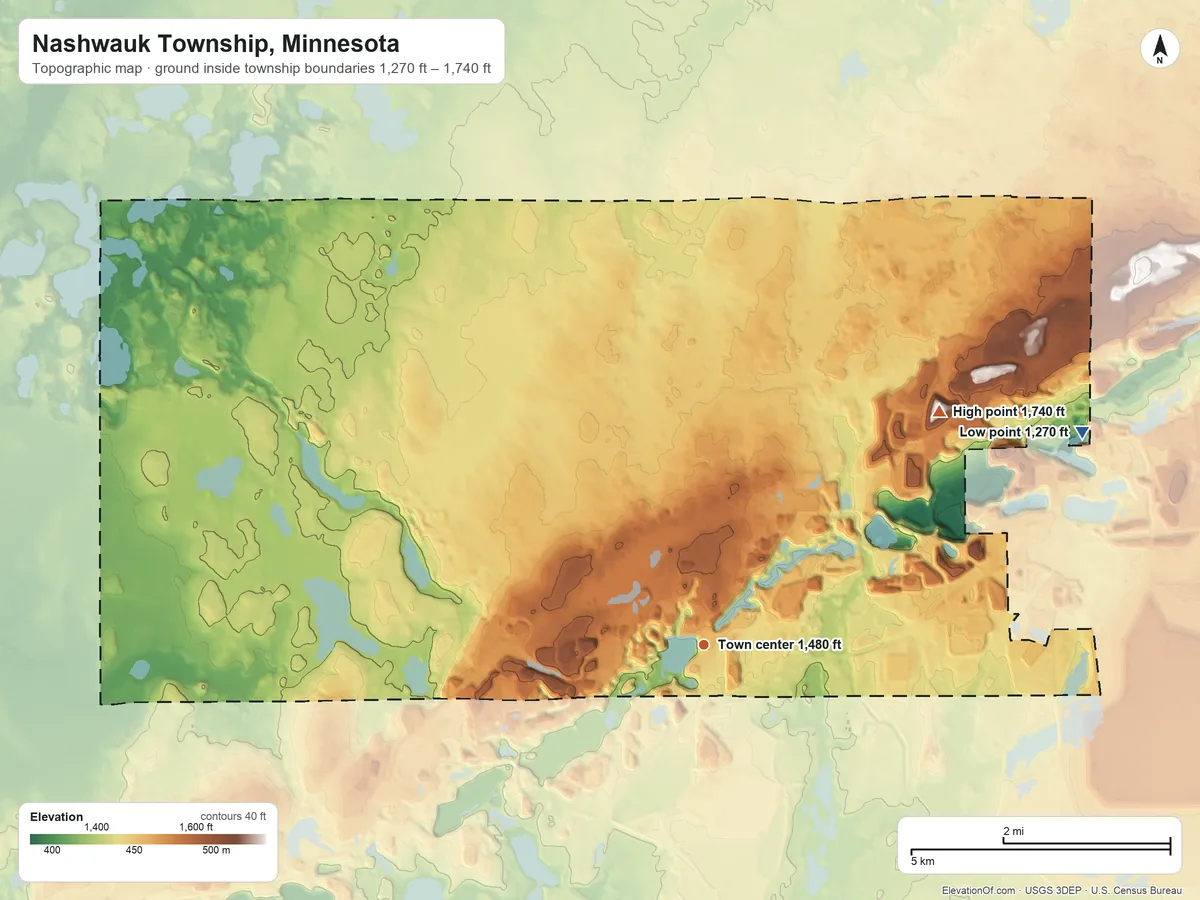 Topographic elevation map of Nashwauk Township, Minnesota, shaded from 1,270 ft on the northeast side to 1,740 ft on the northeast side