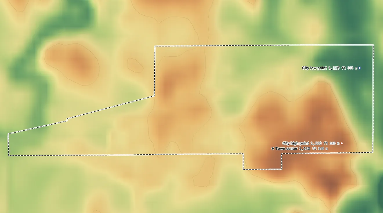 Topographic elevation map of Nassau, Minnesota, shaded from 1,110 ft on the northeast side to 1,130 ft on the east side