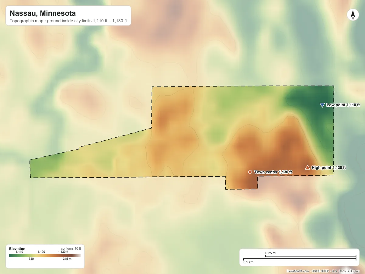 Topographic elevation map of Nassau, Minnesota, shaded from 1,110 ft on the northeast side to 1,130 ft on the east side