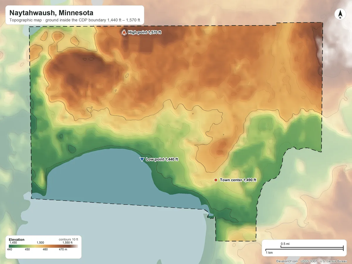 Topographic elevation map of Naytahwaush, Minnesota, shaded from 1,440 ft on the west side to 1,570 ft on the northwest side