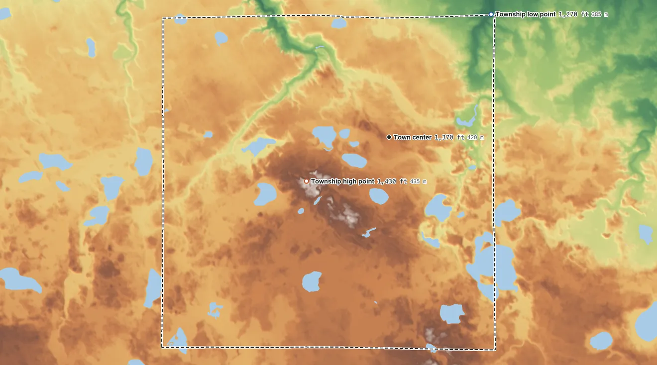 Topographic elevation map of Nebish Township, Minnesota, shaded from 1,270 ft on the northeast side to 1,430 ft on the southwest side