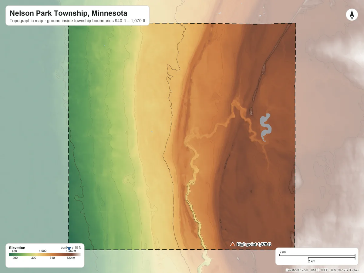 Topographic elevation map of Nelson Park Township, Minnesota, shaded from 940 ft on the southwest side to 1,070 ft on the southeast side