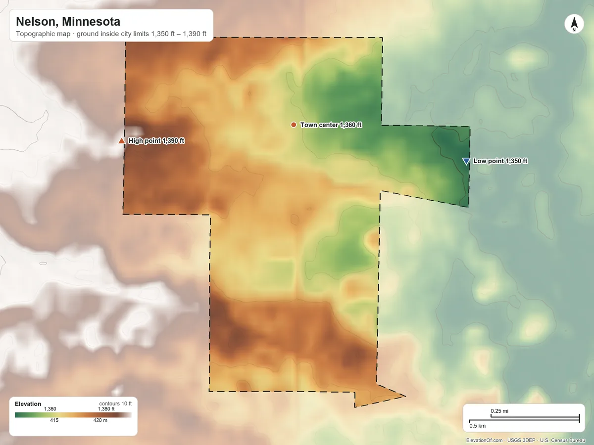 Topographic elevation map of Nelson, Minnesota, shaded from 1,350 ft on the east side to 1,390 ft on the west side