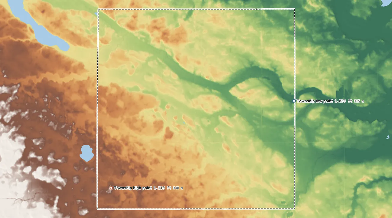 Topographic elevation map of Nelson Township, Minnesota, shaded from 1,030 ft on the east side to 1,110 ft on the southwest side