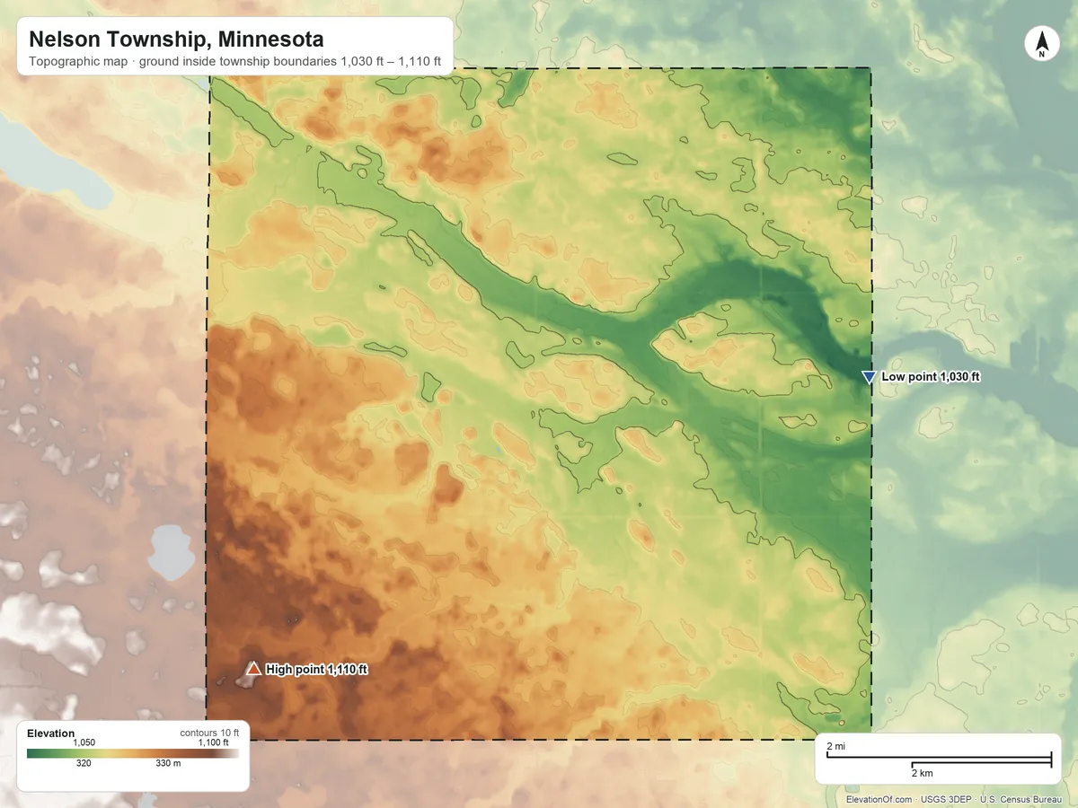 Topographic elevation map of Nelson Township, Minnesota, shaded from 1,030 ft on the east side to 1,110 ft on the southwest side