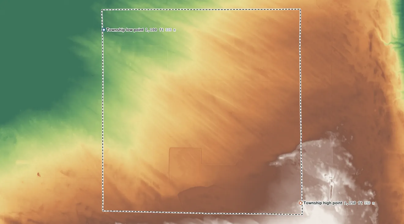 Topographic elevation map of Nereson Township, Minnesota, shaded from 1,100 ft on the northwest side to 1,150 ft on the southeast side