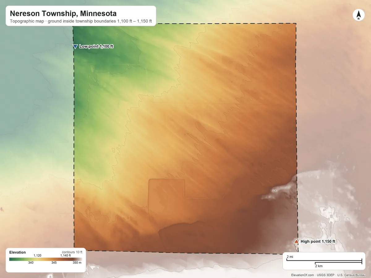 Topographic elevation map of Nereson Township, Minnesota, shaded from 1,100 ft on the northwest side to 1,150 ft on the southeast side