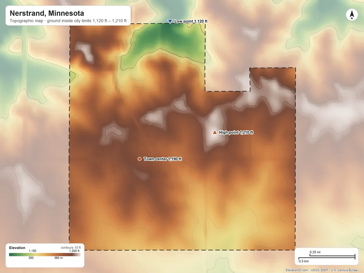 Topographic elevation map of Nerstrand, Minnesota, shaded from 1,120 ft on the north side to 1,210 ft on the east side
