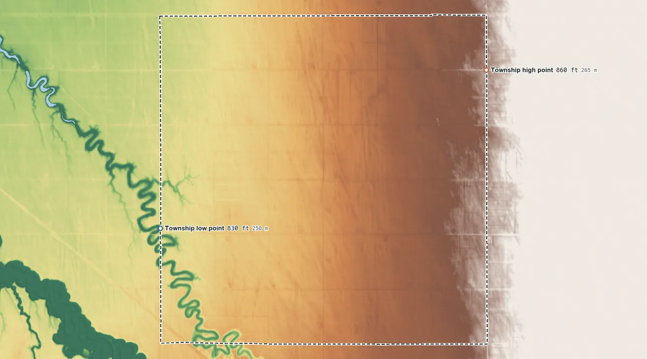 Topographic elevation map of Nesbit Township, Minnesota, shaded from 830 ft on the west side to 860 ft on the northeast side
