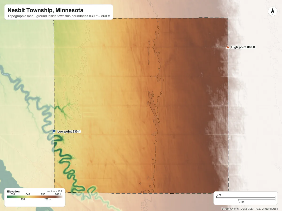Topographic elevation map of Nesbit Township, Minnesota, shaded from 830 ft on the west side to 860 ft on the northeast side