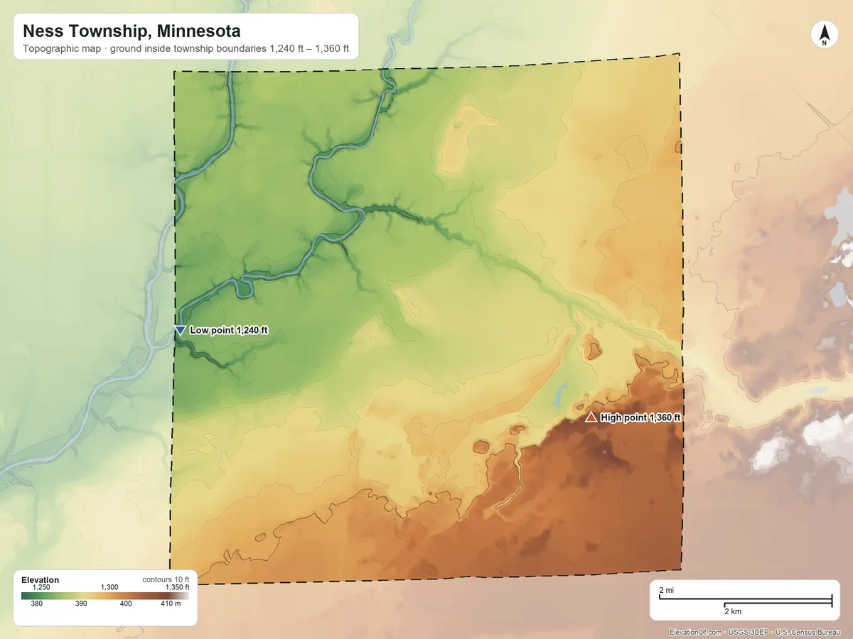Topographic elevation map of Ness Township, Minnesota, shaded from 1,240 ft on the southwest side to 1,360 ft on the southeast side