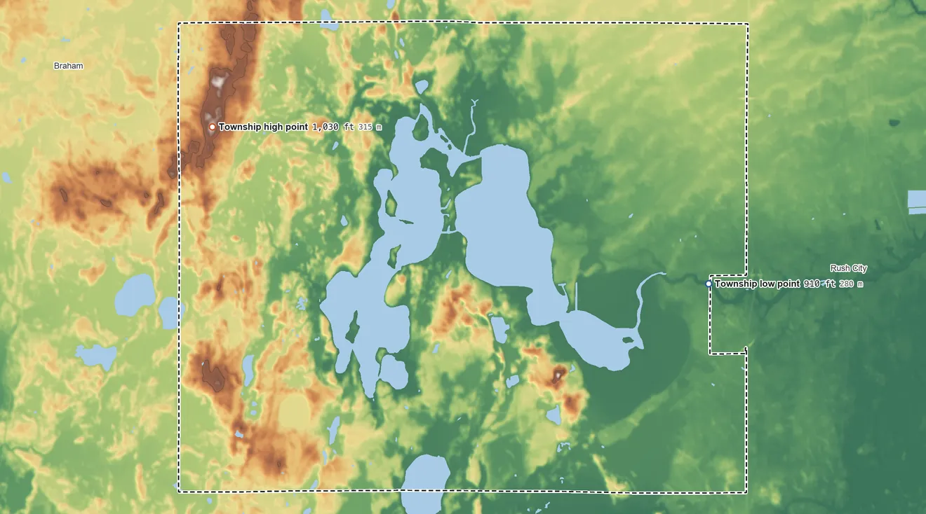 Topographic elevation map of Nessel Township, Minnesota, shaded from 910 ft on the east side to 1,030 ft on the northwest side