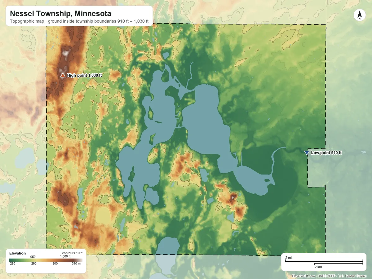 Topographic elevation map of Nessel Township, Minnesota, shaded from 910 ft on the east side to 1,030 ft on the northwest side