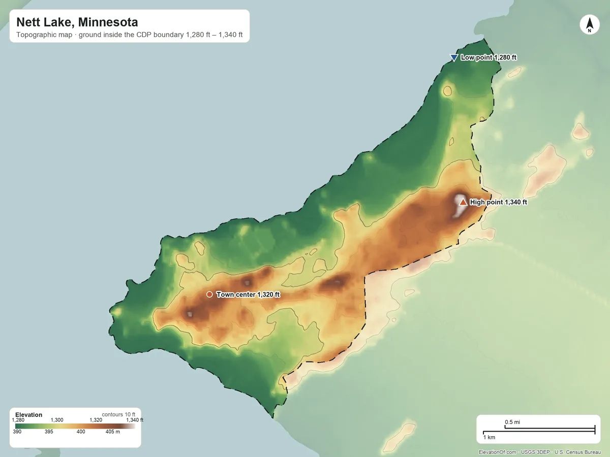 Topographic elevation map of Nett Lake, Minnesota, shaded from 1,280 ft on the northeast side to 1,340 ft on the east side