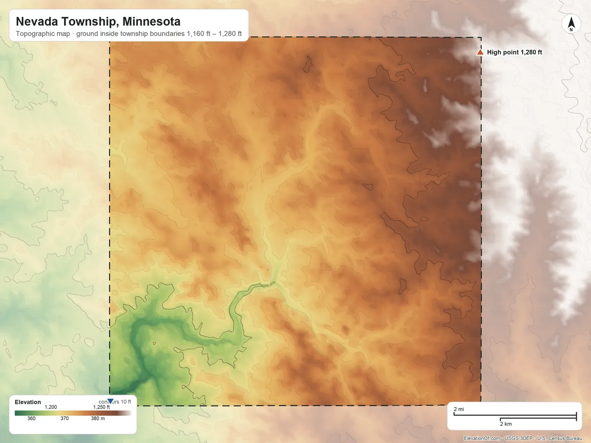 Topographic elevation map of Nevada Township, Minnesota, shaded from 1,160 ft on the southwest side to 1,280 ft on the northeast side