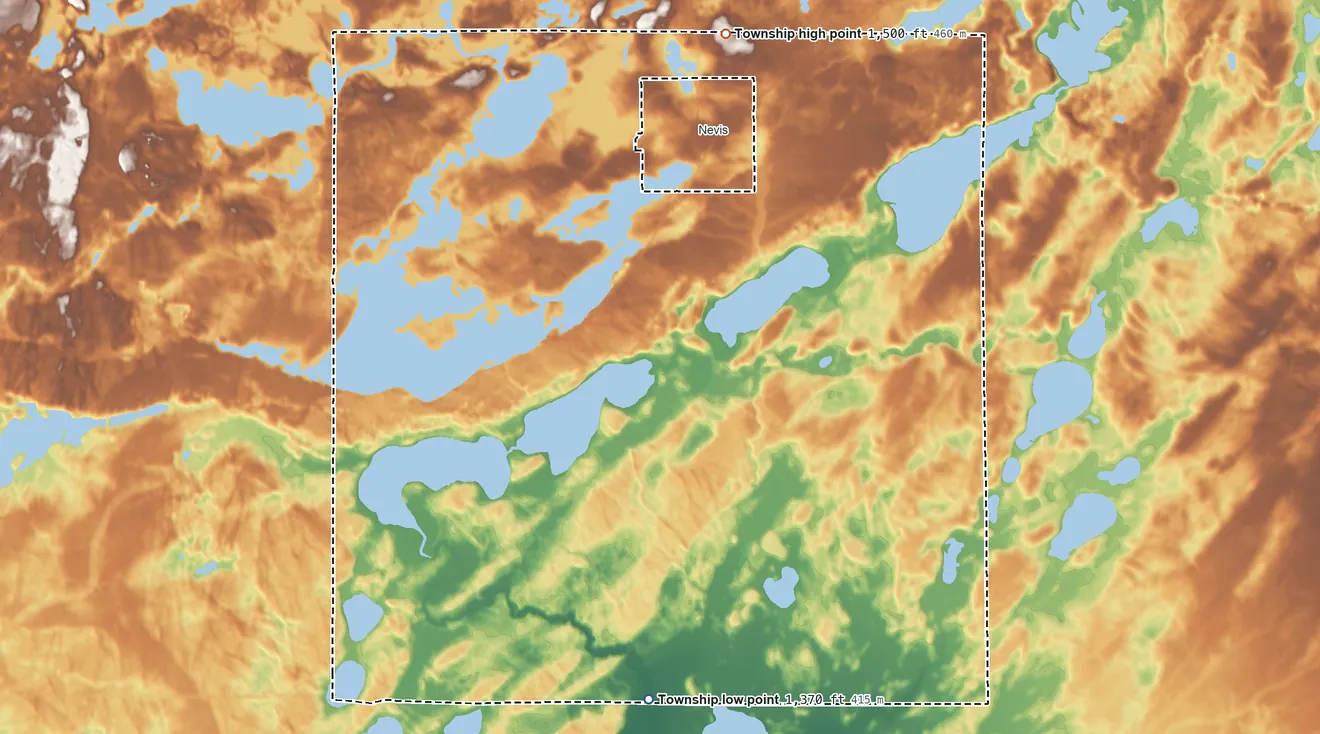 Topographic elevation map of Nevis Township, Minnesota, shaded from 1,370 ft on the south side to 1,500 ft on the north side