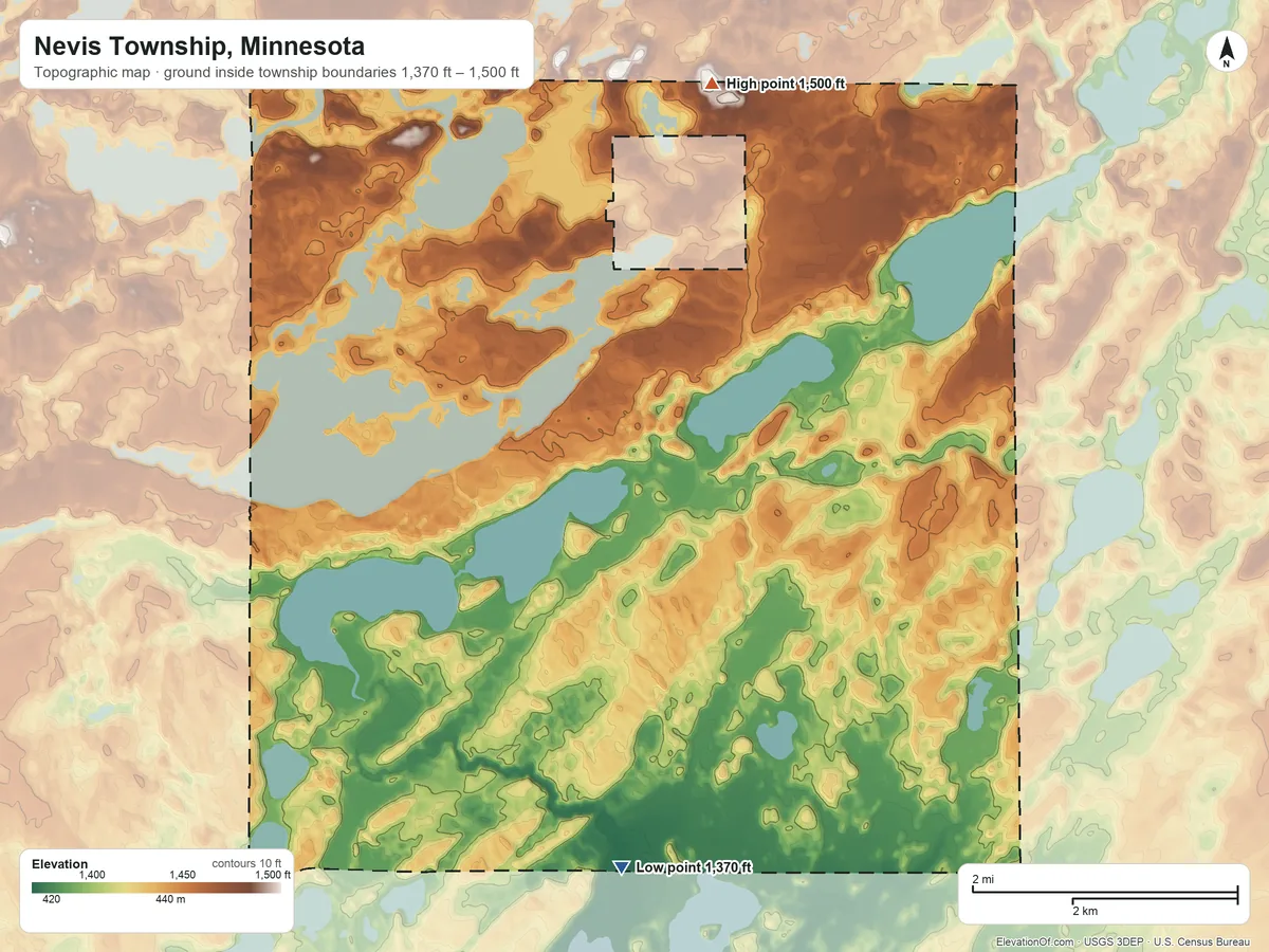 Topographic elevation map of Nevis Township, Minnesota, shaded from 1,370 ft on the south side to 1,500 ft on the north side