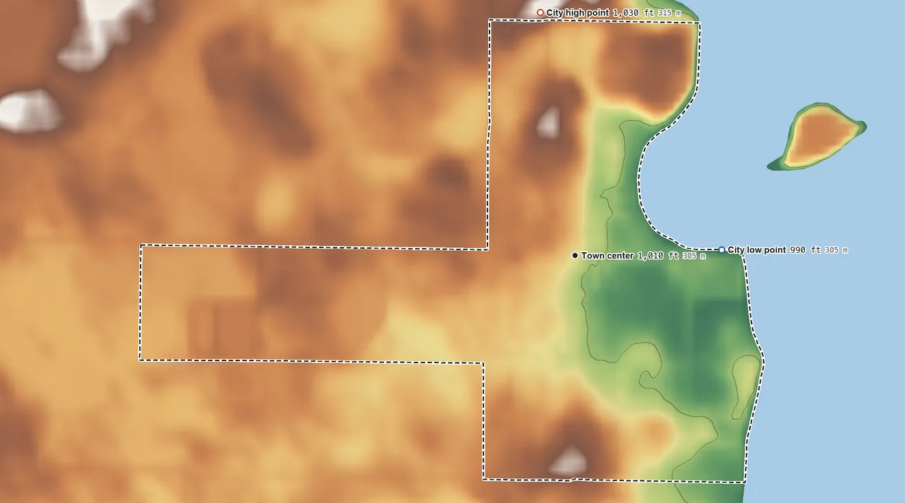 Topographic elevation map of New Auburn, Minnesota, shaded from 990 ft on the east side to 1,030 ft on the north side