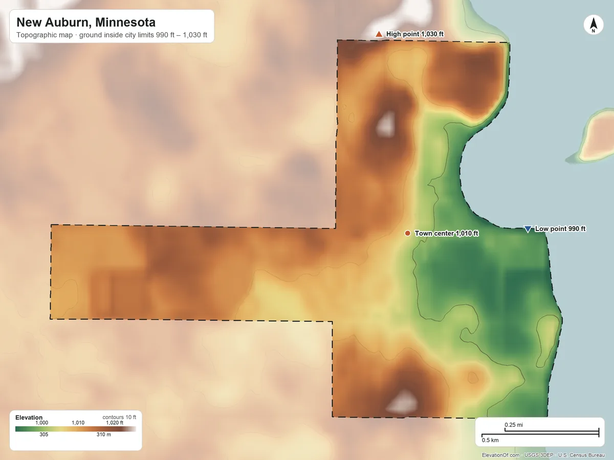 Topographic elevation map of New Auburn, Minnesota, shaded from 990 ft on the east side to 1,030 ft on the north side