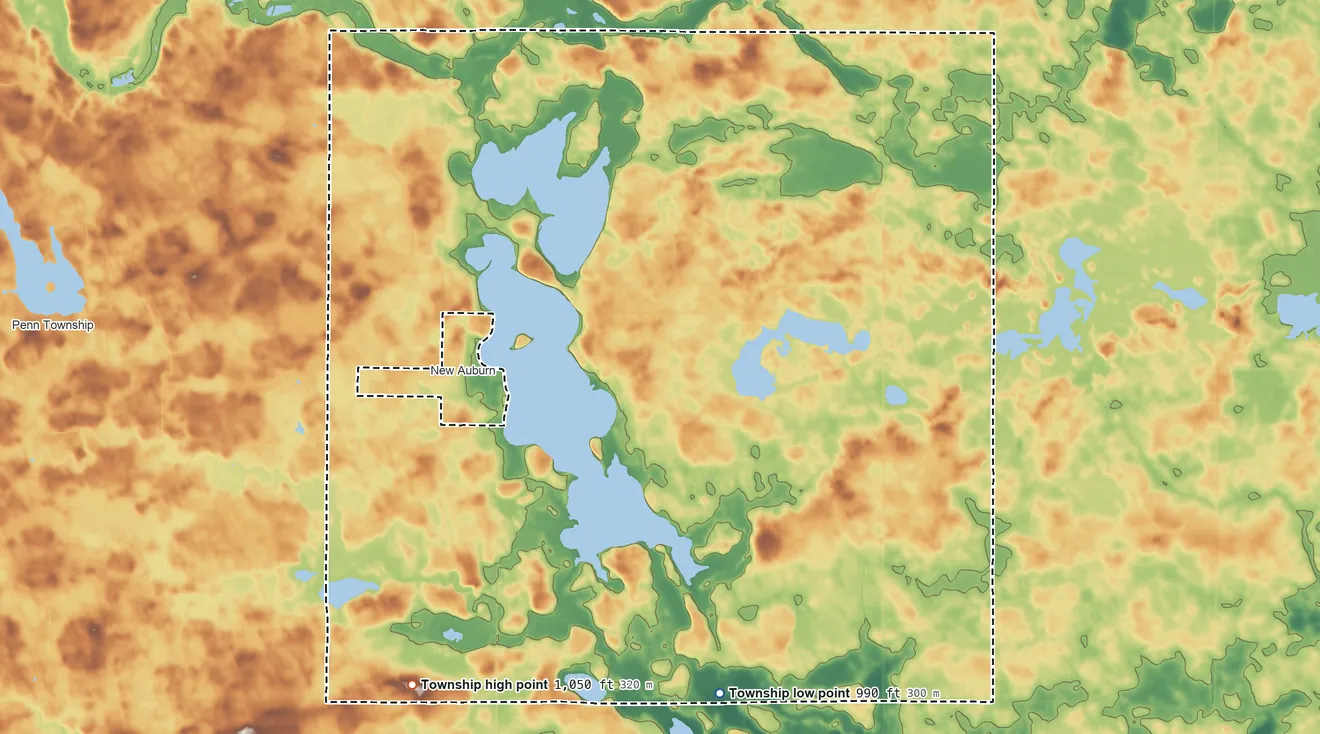 Topographic elevation map of New Auburn Township, Minnesota, shaded from 990 ft on the south side to 1,050 ft on the southwest side
