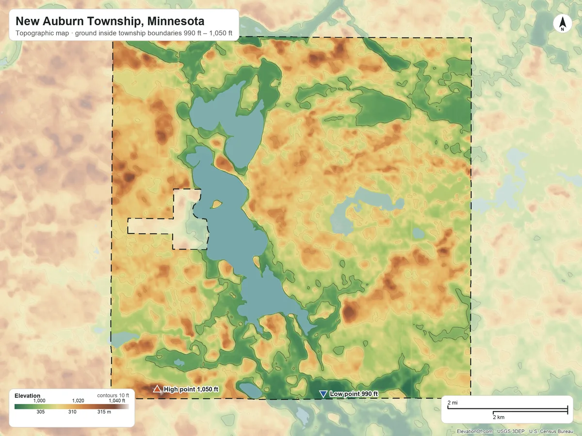 Topographic elevation map of New Auburn Township, Minnesota, shaded from 990 ft on the south side to 1,050 ft on the southwest side