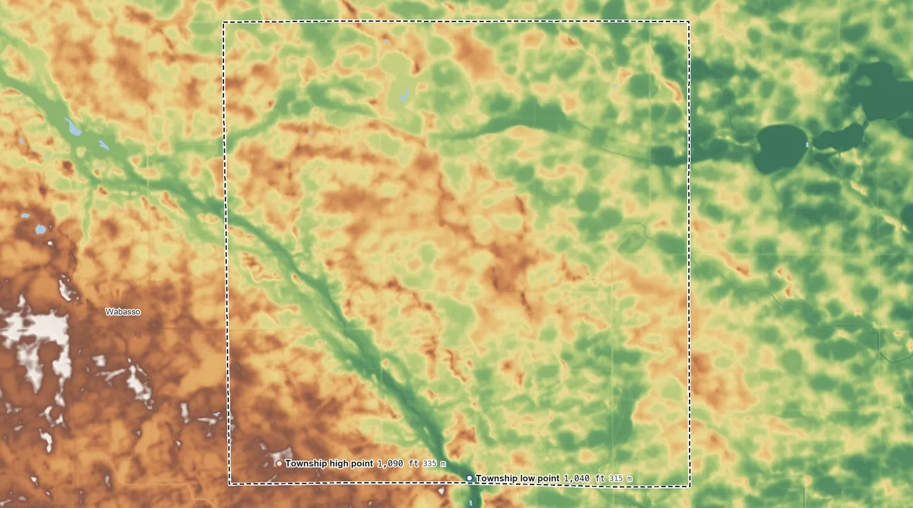 Topographic elevation map of New Avon Township, Minnesota, shaded from 1,040 ft on the south side to 1,090 ft on the southwest side