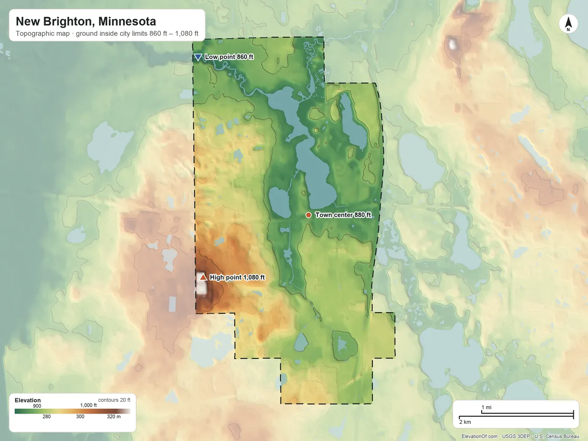 Topographic elevation map of New Brighton, Minnesota, shaded from 860 ft on the northwest side to 1,080 ft on the southwest side