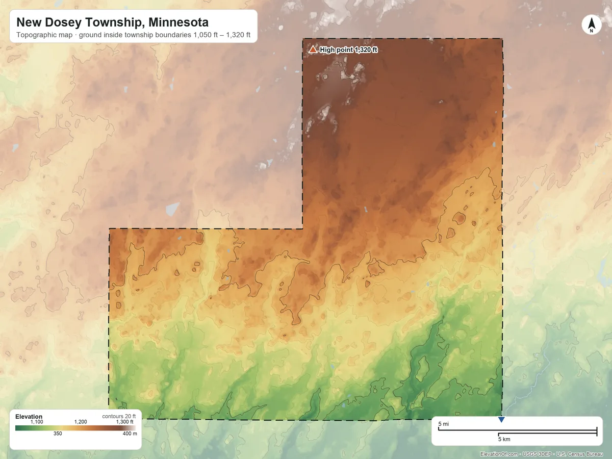 Topographic elevation map of New Dosey Township, Minnesota, shaded from 1,050 ft on the east side to 1,320 ft on the north side