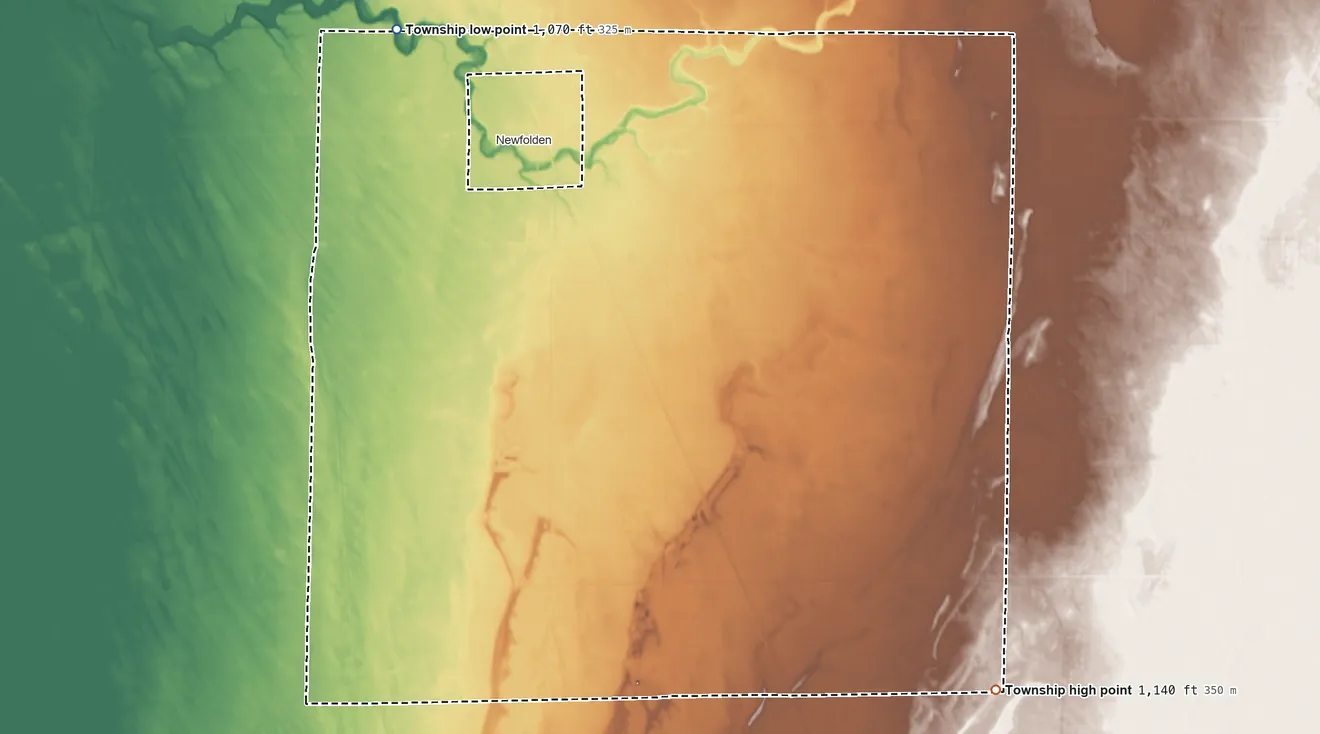 Topographic elevation map of New Folden Township, Minnesota, shaded from 1,070 ft on the northwest side to 1,140 ft on the southeast side