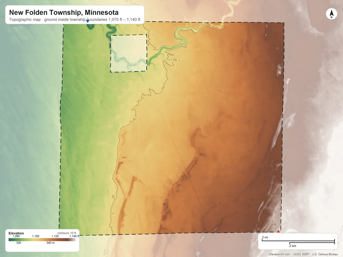 Topographic elevation map of New Folden Township, Minnesota, shaded from 1,070 ft on the northwest side to 1,140 ft on the southeast side