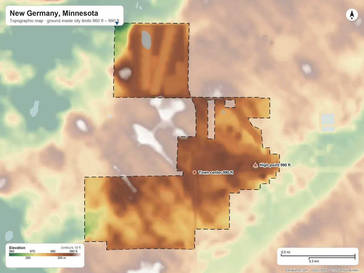 Topographic elevation map of New Germany, Minnesota, shaded from 960 ft on the northwest side to 990 ft on the east side