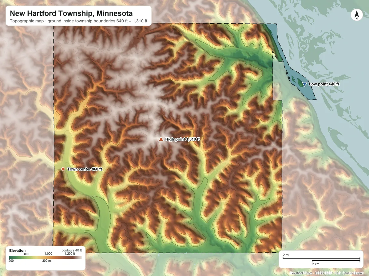 Topographic elevation map of New Hartford Township, Minnesota, shaded from 640 ft on the east side to 1,310 ft on the east side