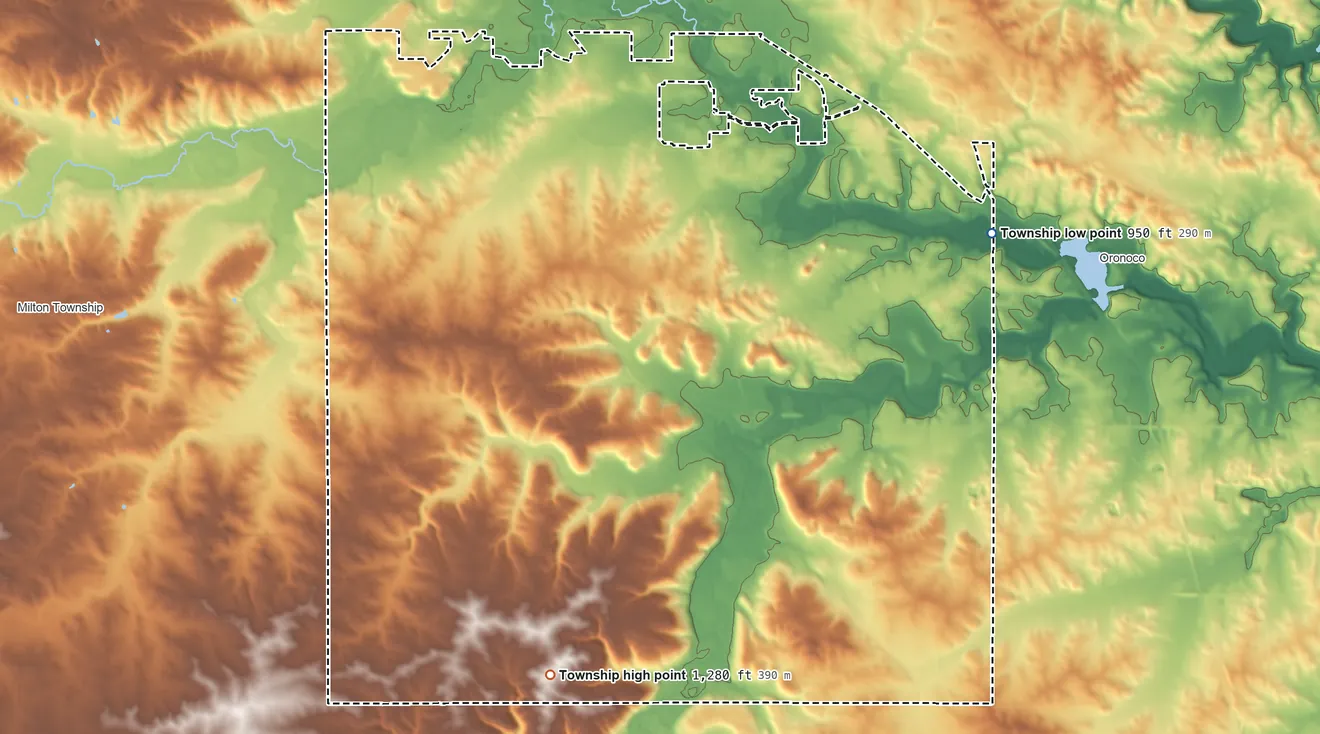 Topographic elevation map of New Haven Township, Minnesota, shaded from 950 ft on the east side to 1,280 ft on the south side