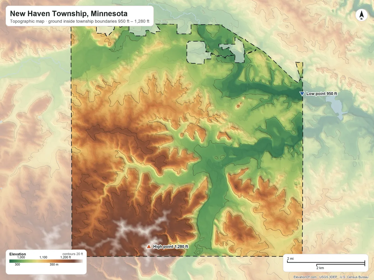 Topographic elevation map of New Haven Township, Minnesota, shaded from 950 ft on the east side to 1,280 ft on the south side