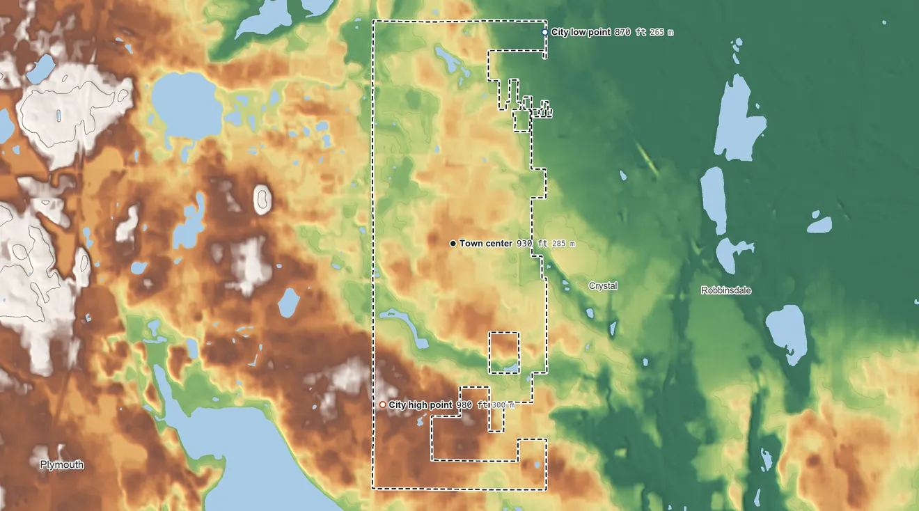 Topographic elevation map of New Hope, Minnesota, shaded from 870 ft on the northeast side to 980 ft on the southwest side