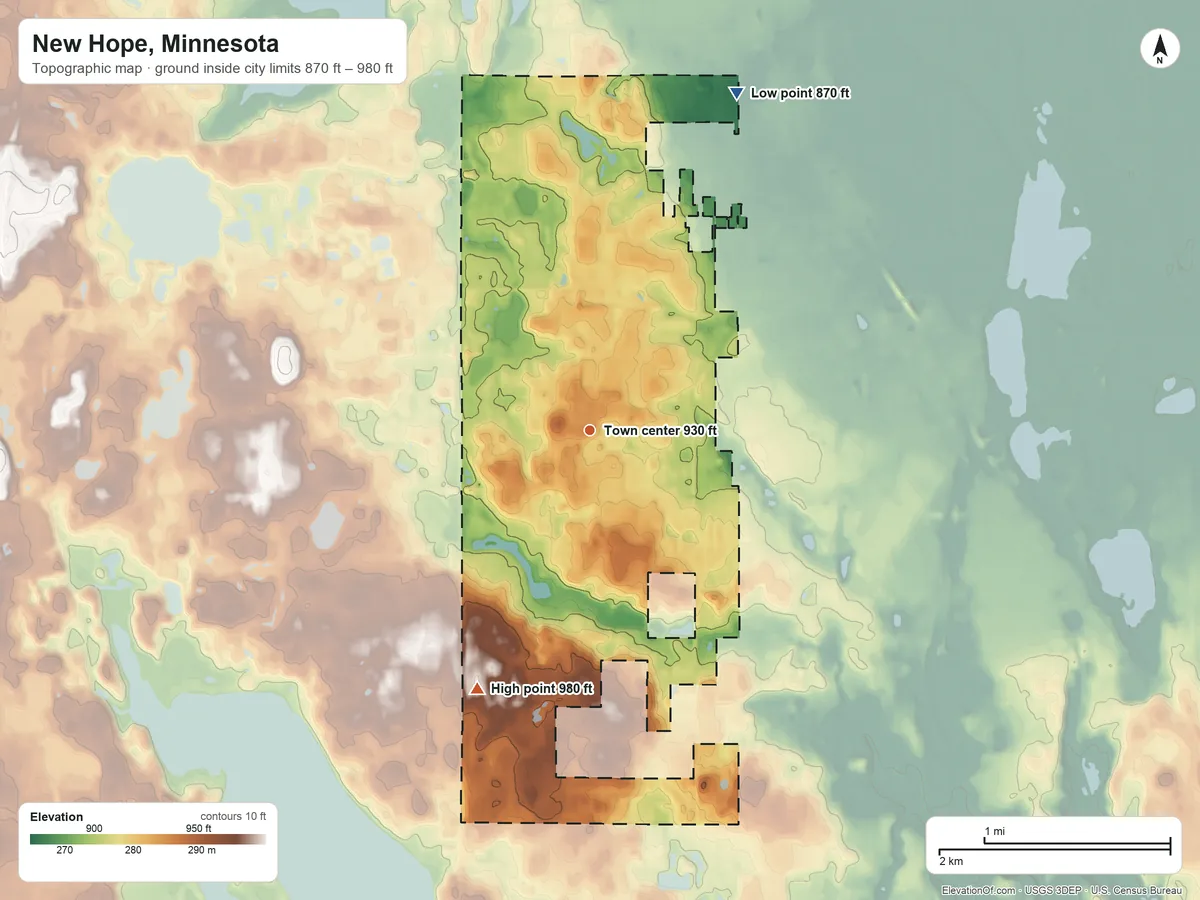 Topographic elevation map of New Hope, Minnesota, shaded from 870 ft on the northeast side to 980 ft on the southwest side
