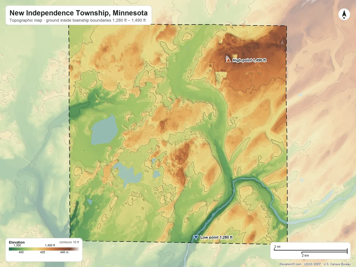 Topographic elevation map of New Independence Township, Minnesota, shaded from 1,280 ft on the southeast side to 1,490 ft on the northeast side