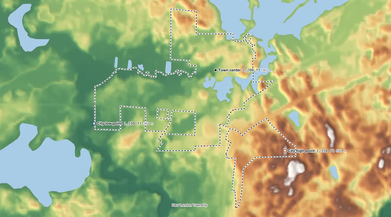 Topographic elevation map of New London, Minnesota, shaded from 1,180 ft on the southwest side to 1,310 ft on the southeast side