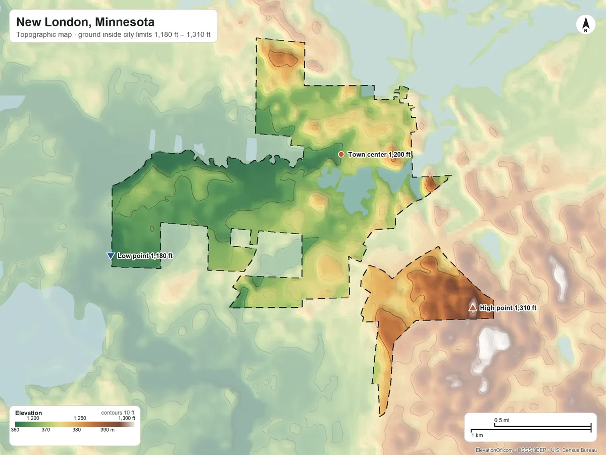 Topographic elevation map of New London, Minnesota, shaded from 1,180 ft on the southwest side to 1,310 ft on the southeast side