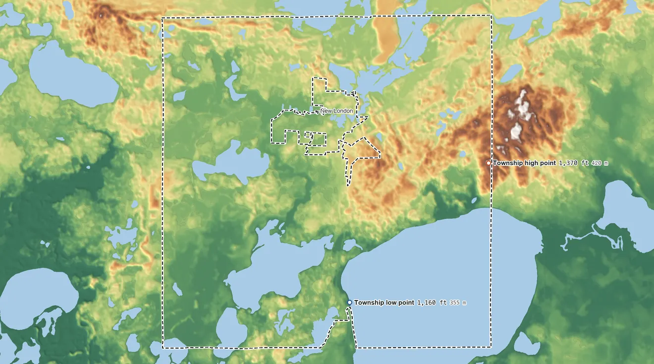 Topographic elevation map of New London Township, Minnesota, shaded from 1,160 ft on the south side to 1,370 ft on the east side