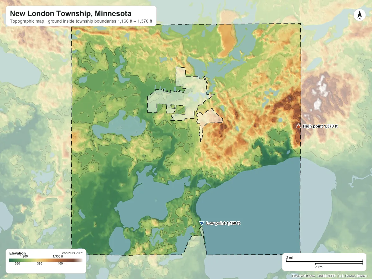 Topographic elevation map of New London Township, Minnesota, shaded from 1,160 ft on the south side to 1,370 ft on the east side