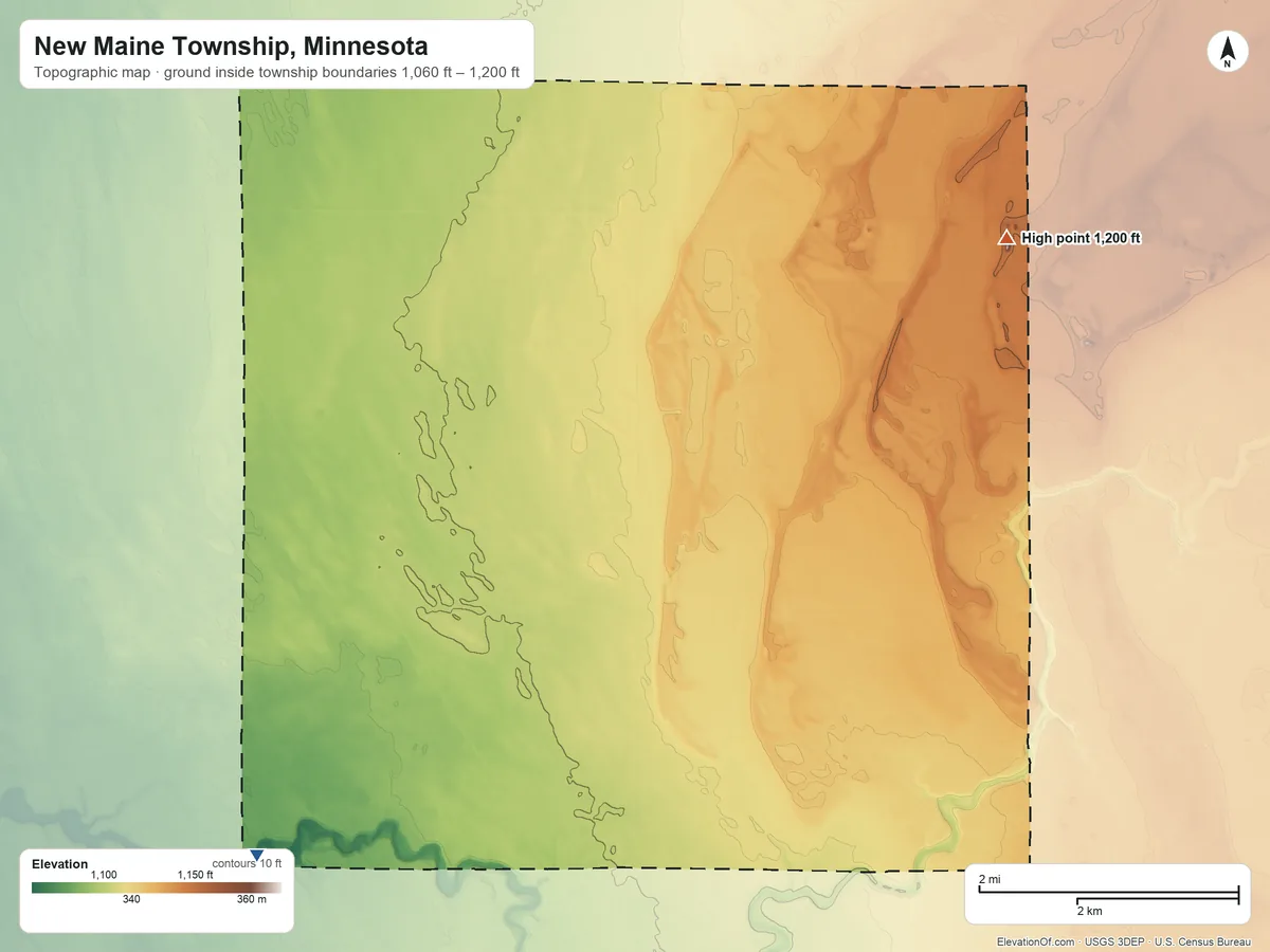 Topographic elevation map of New Maine Township, Minnesota, shaded from 1,060 ft on the southwest side to 1,200 ft on the northeast side